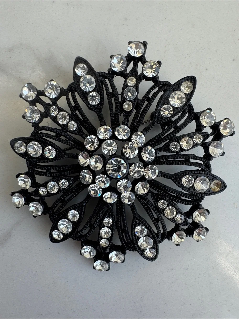 Vintage Glam Black Metal & Clear Rhinestone Starburst Flower Brooch edgy